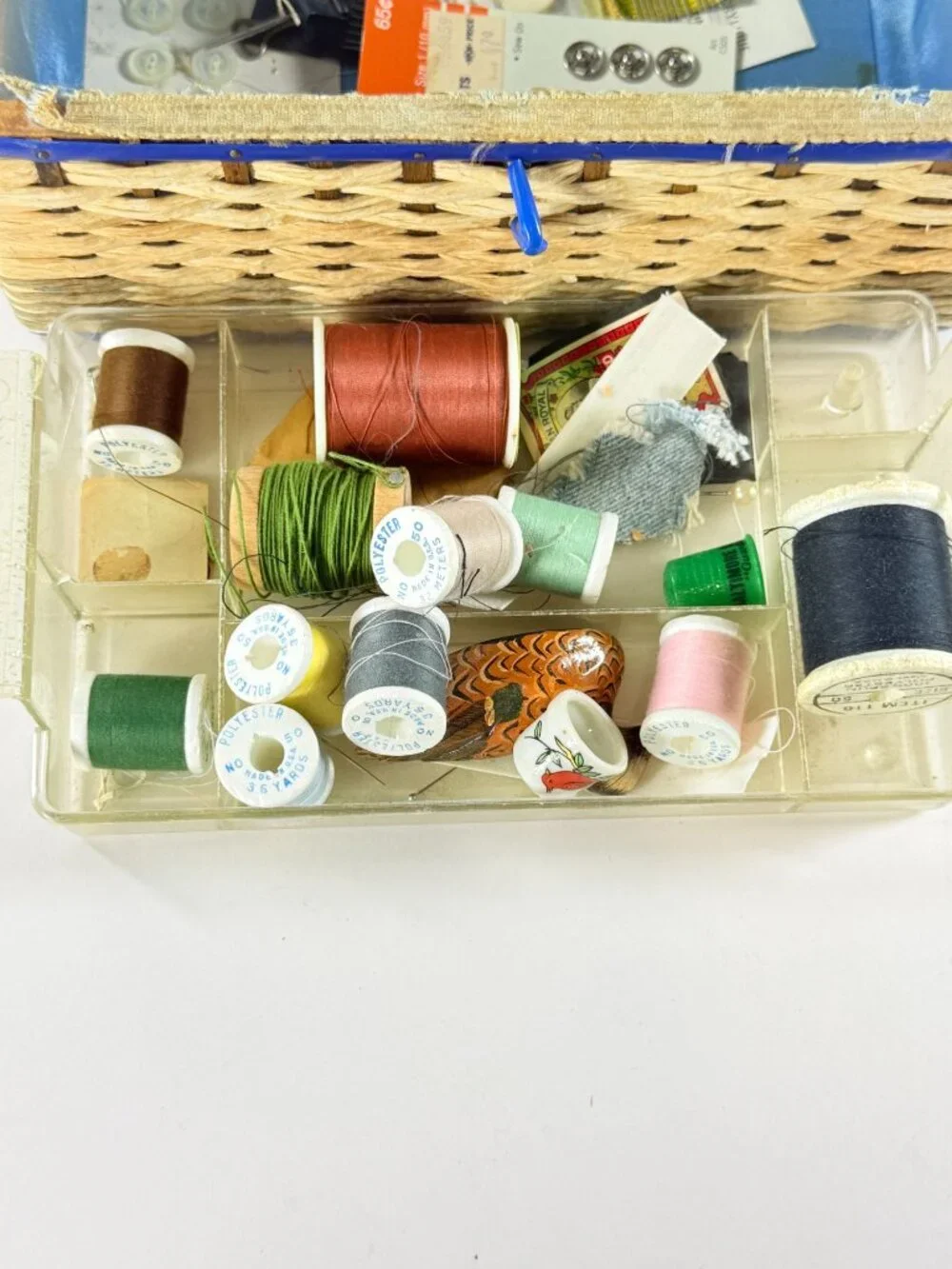 Vintage Woven Sewing Basket With Blue Satin Interior & Assorted Threads
